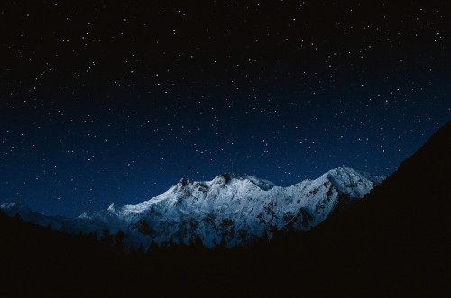 A night-scape of snowy mountains at a distance